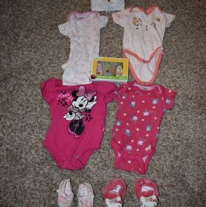 Bundle of 4 Onesies, 2 slippers, Bath soap, beanie